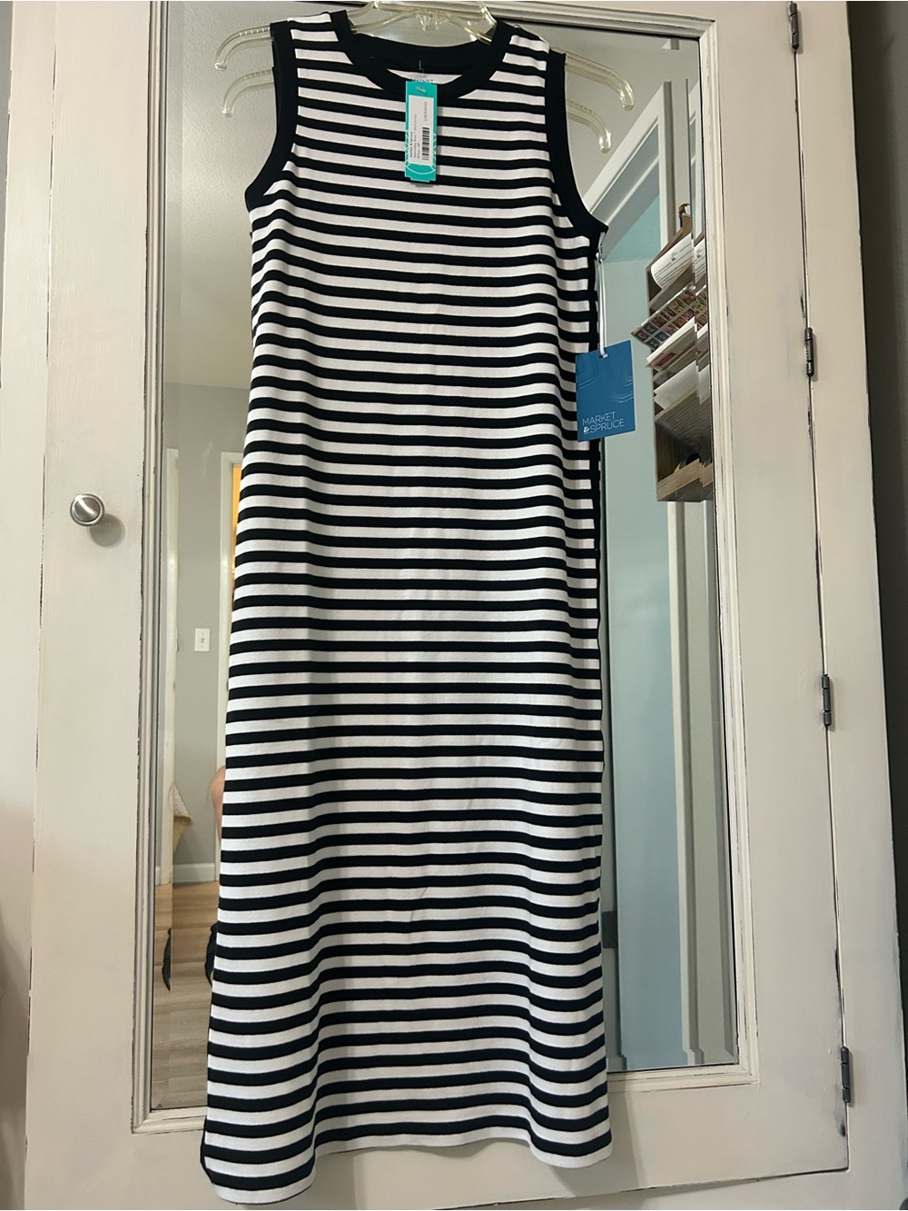 NWT Market & Spruce Black White Striped Midi Sleeveless Dress Size SP
